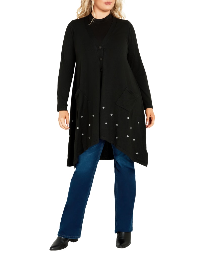 Front of a model wearing a size 16 CARDIGAN BERNAL in Black by Evans. | dia_product_style_image_id:317843
